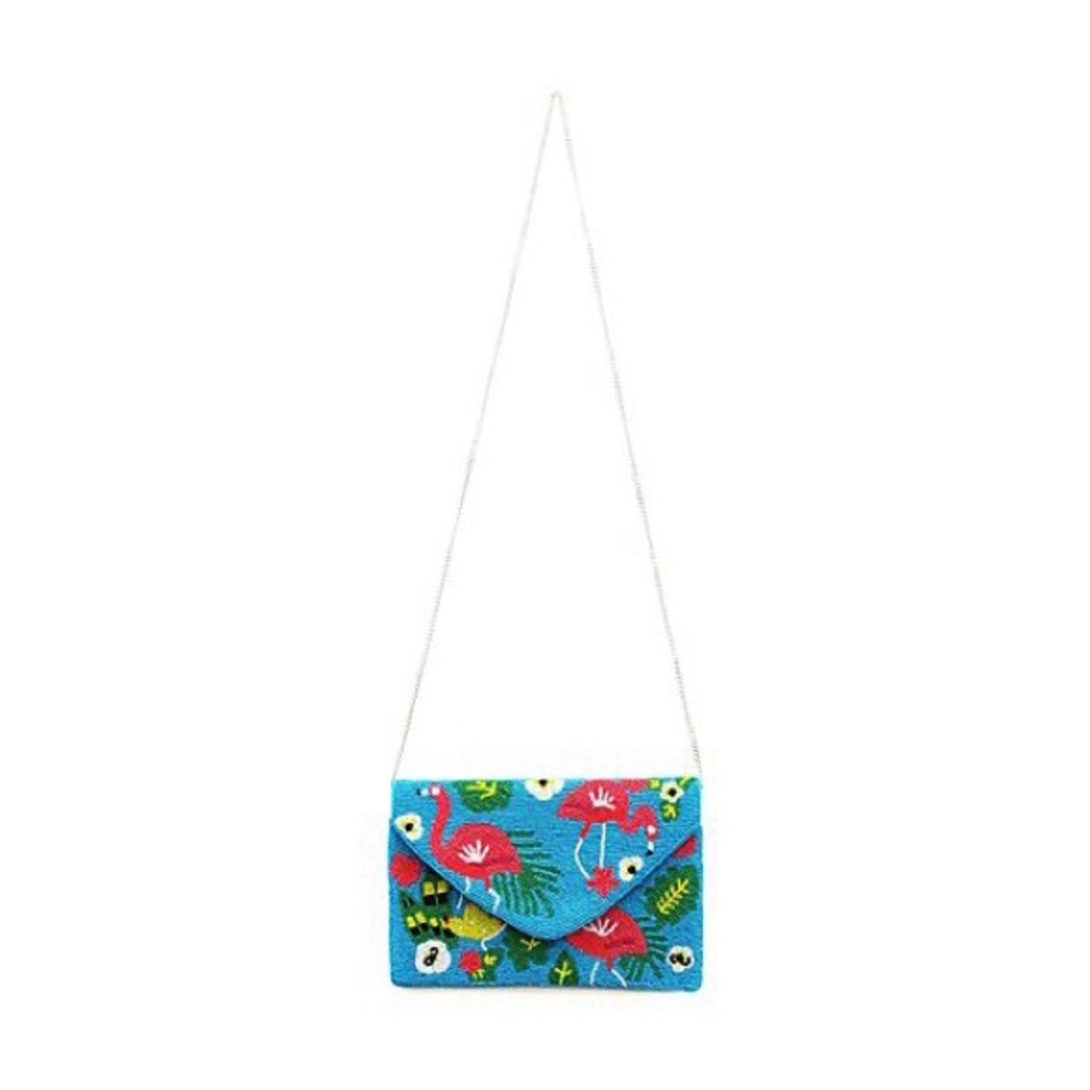 💕 ARATTA paradise hand embellished clutch flamingo print blue beaded NEW strap - Picture 6 of 7